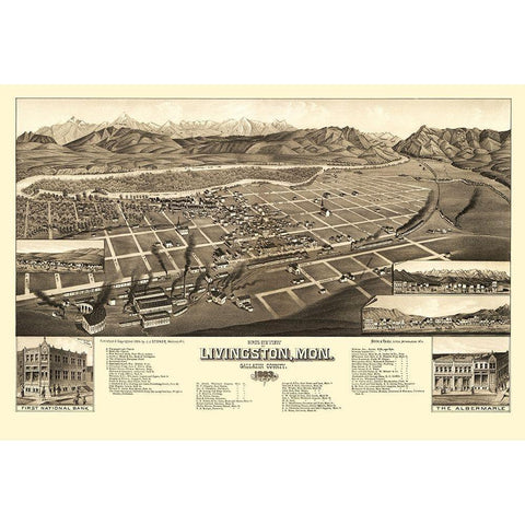 Livingston Montana - Stoner 1884 Black Modern Wood Framed Art Print with Double Matting by Stoner