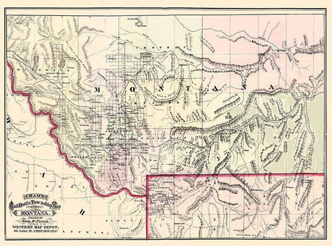 Montana Territory - Cram 1875 Black Ornate Wood Framed Art Print with Double Matting by Cram