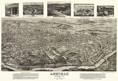 Asheville North Carolina - Fowler 1912 Black Ornate Wood Framed Art Print with Double Matting by Fowler