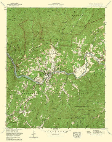 Bryson City North Carolina Quad - USGS 1935 White Modern Wood Framed Art Print with Double Matting by USGS