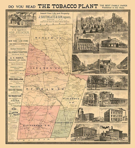 Durham County County North Carolina - Johnson 1887  White Modern Wood Framed Art Print with Double Matting by Johnson