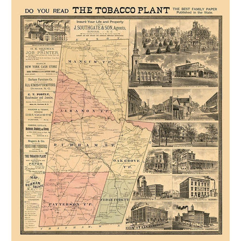 Durham County County North Carolina - Johnson 1887  Gold Ornate Wood Framed Art Print with Double Matting by Johnson