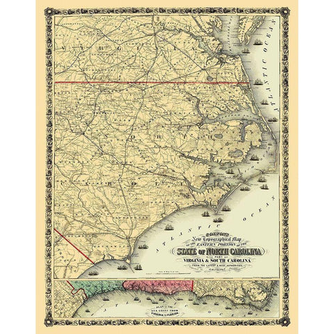 North Carolina, Eastern Portion - Colton 1861 Gold Ornate Wood Framed Art Print with Double Matting by Colton