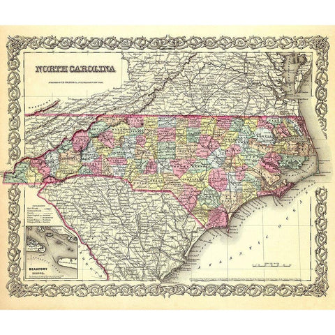 North Carolina - Colton 1856 Black Modern Wood Framed Art Print with Double Matting by Colton