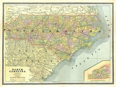 North Carolina - Cram 1886 White Modern Wood Framed Art Print with Double Matting by Cram