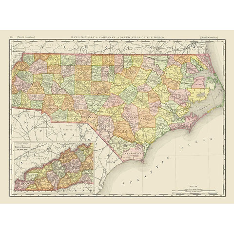 North Carolina - Rand McNally 1897 Gold Ornate Wood Framed Art Print with Double Matting by Rand McNally