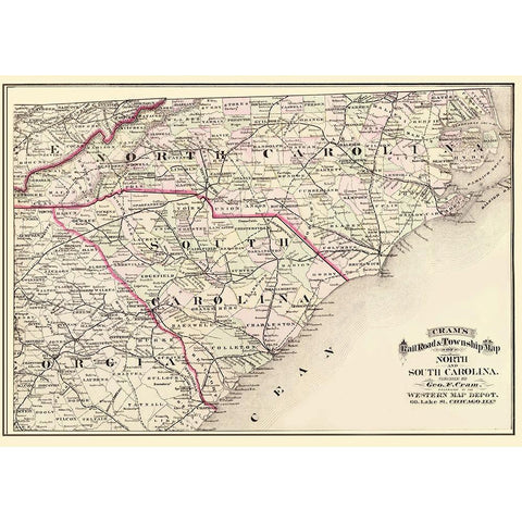 North Carolina, South Carolina - Cram 1875 White Modern Wood Framed Art Print by Cram