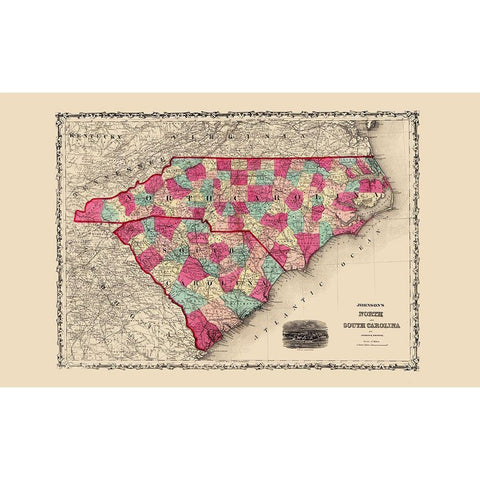 North Carolina, South Carolina - Johnson 1860 Gold Ornate Wood Framed Art Print with Double Matting by Johnson