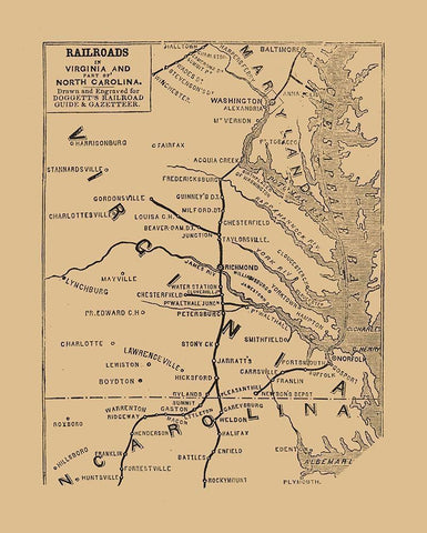 Virginia North Carolina Railroads - Doggett 1848  White Modern Wood Framed Art Print with Double Matting by Doggett