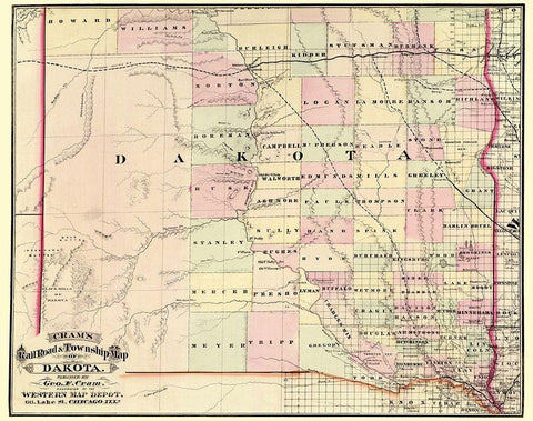 Dakota Territory - Cram 1875 Black Ornate Wood Framed Art Print with Double Matting by Cram