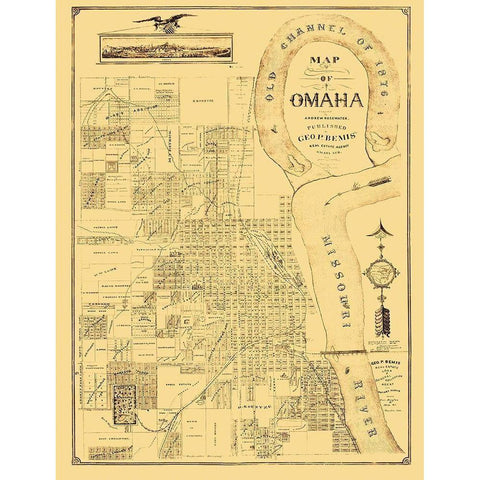 Omaha Nebraska - Bemis 1876 Gold Ornate Wood Framed Art Print with Double Matting by Bemis