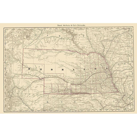 Nebraska - Rand McNally 1879 White Modern Wood Framed Art Print by Rand McNally