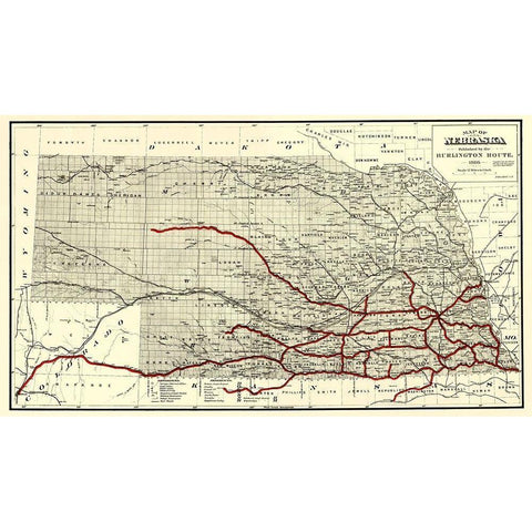 Burlington Railroad Route - Hirschfield 1886 Black Modern Wood Framed Art Print by Hirschfield