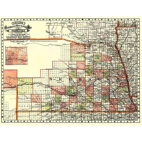 Nebraska Railroads and Townships - Cram 1879 Gold Ornate Wood Framed Art Print with Double Matting by Cram