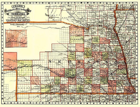 Nebraska Railroads and Townships - Cram 1879 White Modern Wood Framed Art Print with Double Matting by Cram