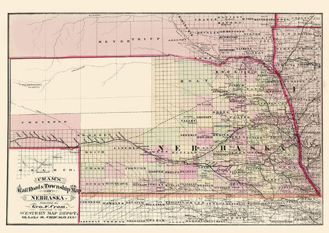 Nebraska Railroad and Townships - Cram 1875 Black Ornate Wood Framed Art Print with Double Matting by Cram