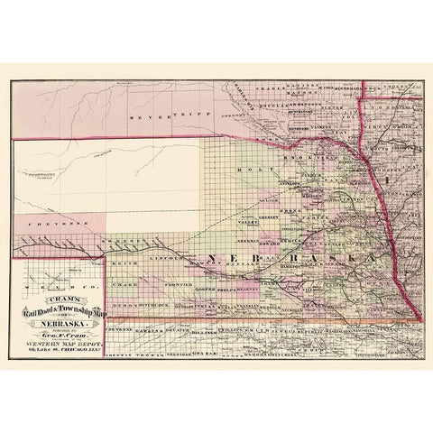 Nebraska Railroad and Townships - Cram 1875 White Modern Wood Framed Art Print by Cram