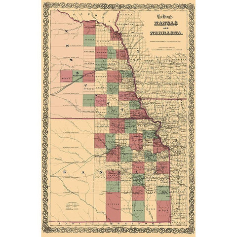 Nebraska, Kansas - Colton 1875 Gold Ornate Wood Framed Art Print with Double Matting by Colton