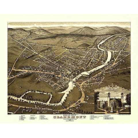 Claremont New Hampshire - Shober 1877 White Modern Wood Framed Art Print by Shober