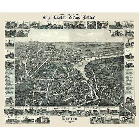 Exeter New Hampshire - Moore 1896  White Modern Wood Framed Art Print by Moore