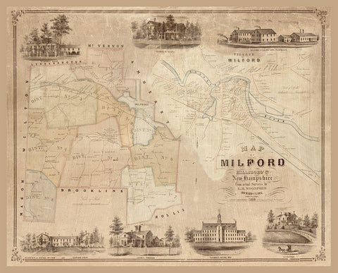 Milford New Hampshire - Clark 1854  Black Ornate Wood Framed Art Print with Double Matting by Clark