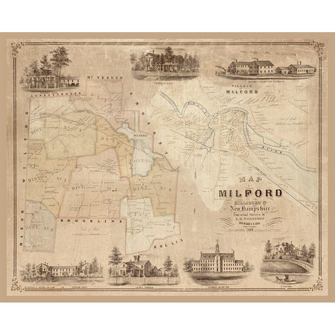 Milford New Hampshire - Clark 1854  Black Modern Wood Framed Art Print with Double Matting by Clark