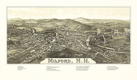 Milford New Hampshire - Burleigh 1886  Black Ornate Wood Framed Art Print with Double Matting by Burleigh