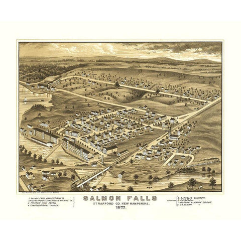 Salmon Falls New Hampshire - Richards 1877  Gold Ornate Wood Framed Art Print with Double Matting by Richards