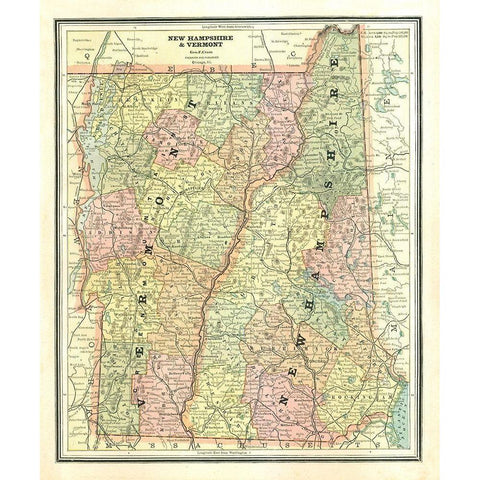 New Hampshire, Vermont - Cram 1886 Gold Ornate Wood Framed Art Print with Double Matting by Cram