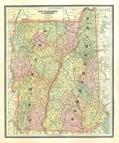 New Hampshire, Vermont - Cram 1886 White Modern Wood Framed Art Print with Double Matting by Cram