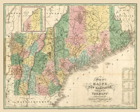 New Hampshire Maine - Carter 1826  Black Ornate Wood Framed Art Print with Double Matting by Carter