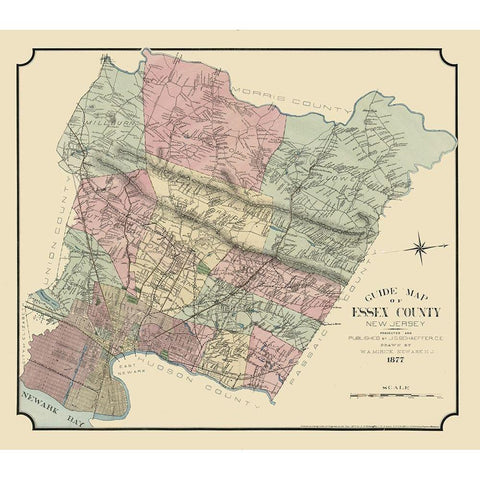 Essex County New Jersey - Mirick 1877  Black Modern Wood Framed Art Print with Double Matting by Mirick