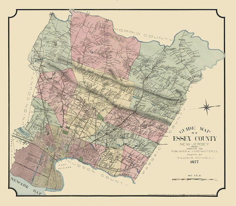 Essex County New Jersey - Mirick 1877  Black Ornate Wood Framed Art Print with Double Matting by Mirick