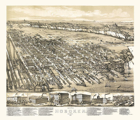 Hoboken New Jersey - Bailey 1881  Black Ornate Wood Framed Art Print with Double Matting by Bailey