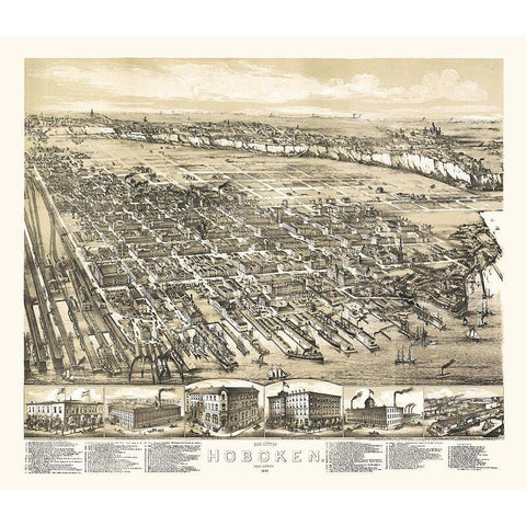 Hoboken New Jersey - Bailey 1881  Gold Ornate Wood Framed Art Print with Double Matting by Bailey