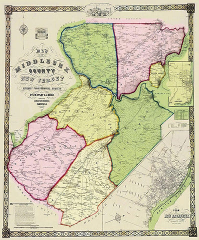 Middlesex New Jersey Landowner - Derveer 1850 Black Ornate Wood Framed Art Print with Double Matting by Derveer