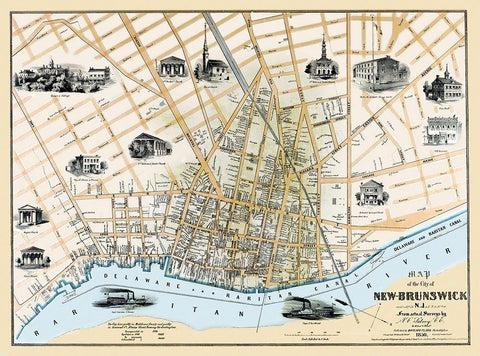 New Brunswick New Jersey Landowner - Clark 1850 Black Ornate Wood Framed Art Print with Double Matting by Clark
