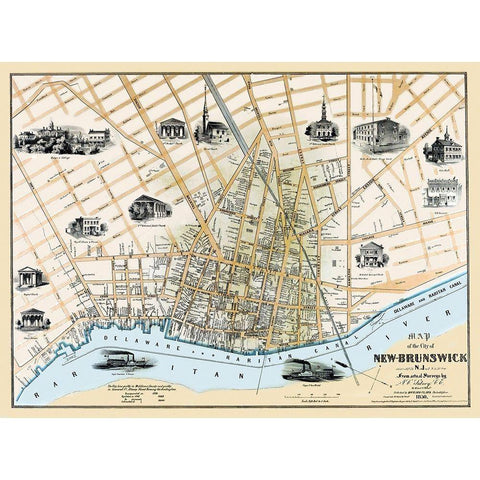 New Brunswick New Jersey Landowner - Clark 1850 Black Modern Wood Framed Art Print with Double Matting by Clark