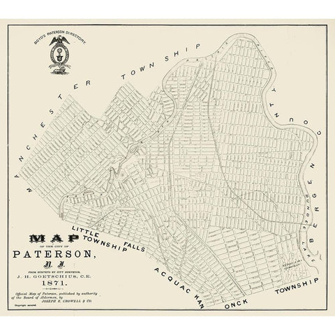Paterson New Jersey - Crowell 1871  Gold Ornate Wood Framed Art Print with Double Matting by Crowell