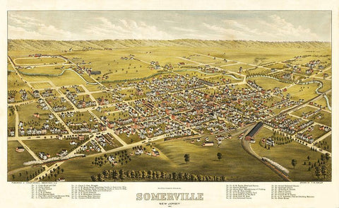 Somerville New Jersey - Fowler 1882  Black Ornate Wood Framed Art Print with Double Matting by Fowler