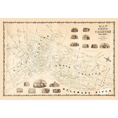 Trenton New Jersey - Dripps 1849  Black Modern Wood Framed Art Print with Double Matting by Dripps