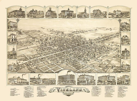 Vineland New Jersey - Bailey 1885  Black Ornate Wood Framed Art Print with Double Matting by Bailey