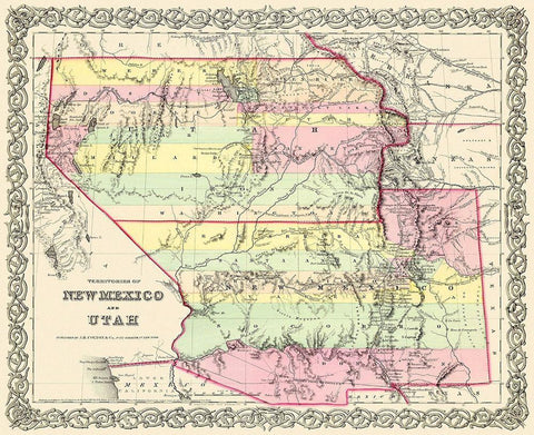 New Mexico, Utah Territories - Colton 1856 Black Ornate Wood Framed Art Print with Double Matting by Colton