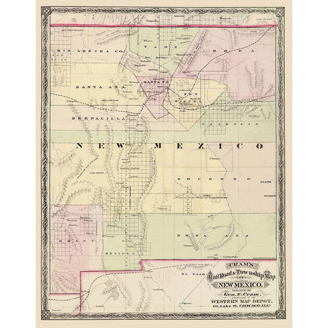 New Mexico Territory - Cram 1875 Gold Ornate Wood Framed Art Print with Double Matting by Cram