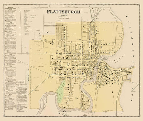 Plattsburgh New York - Beers 1869 Black Ornate Wood Framed Art Print with Double Matting by Beers