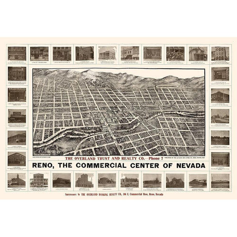 Reno Nevada - Brown 1907  White Modern Wood Framed Art Print by Brown