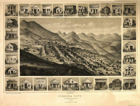Virginia City Nevada - Kuchel 1861 Black Ornate Wood Framed Art Print with Double Matting by Kuchel