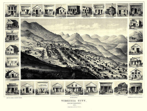 Virginia City Nevada - Brown 1861 Black Ornate Wood Framed Art Print with Double Matting by Brown