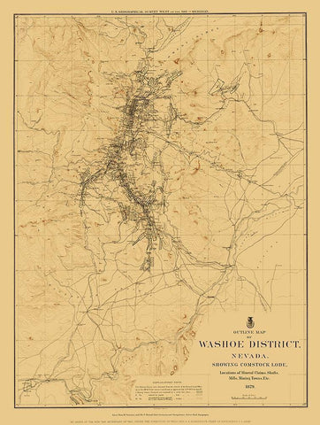 Washoe District Outline Comstock Lode Nevada Black Ornate Wood Framed Art Print with Double Matting by USGS