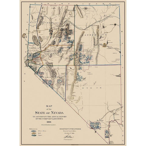 Gold Silver Copper Mines Nevada - USGS 1866 Gold Ornate Wood Framed Art Print with Double Matting by USGS